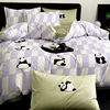 复古熊猫刺绣100支纯棉长绒棉四件套全棉格子被套床单床上用品