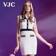VJC/威杰思2024春夏女装女士白色高腰撞色无袖小香连衣裙