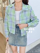 2024年春季韩版小清新绿色格纹工装，衬衫外套+白色内搭小背心