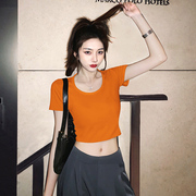 橙色短袖t恤女短款修身露脐高腰上衣紧身小个子，纯棉圆领彩色半袖