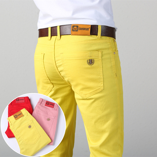 春季亮黄色男士休闲裤粉红色韩版修身弹力直筒时尚彩色牛仔长裤子