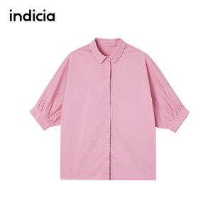 indicia纯棉衬衫白色上衣蝙蝠，袖短袖衬衣，纯色夏季标记女装