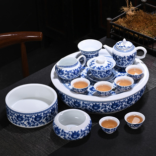 功夫茶具套装经典青花瓷陶瓷盖碗三才杯家用莲花茶盘复古整套茶道
