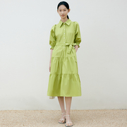 indicia绿色连衣裙纯棉a字裙衬衫领短袖裙子，2023夏季标记女装