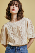 法式小众夏天镂空刺绣蕾丝，喇叭袖圆领衬衫上衣女装