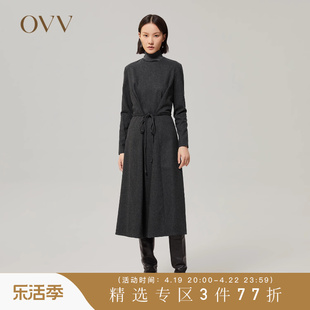 OVV秋冬女装意大利进口羊毛羊绒混纺收腰A字长袖连衣裙