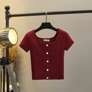 港风酒红色复古方领短款短袖针织t恤女夏季冰丝修身针织衫上衣薄