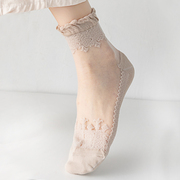 丝袜女薄款短袜子夏纯棉底防滑蕾丝花边冰丝，透明水晶玻璃丝中筒袜