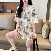 渐变色短袖t恤女夏季韩版宽松大码中长款设计感小众中国风上衣服