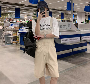 断码自助购物2024夏季学生韩版工装，宽松连体吊带短裤
