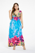 欧美外贸拖地长裙蓝色大海花朵，印花v领夏威夷风，牛奶丝连衣裙花裙