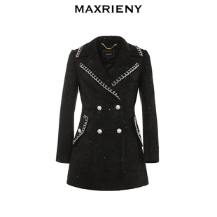奥莱MAXRIENY冬季复古黑色长袖直筒连衣裙式大衣中长款外套女