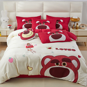 草莓熊全棉(熊全棉)长绒棉，儿童床上用品四件套纯棉，床单被套三件套卡通床品
