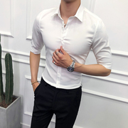 夏季男士七分袖衬衫韩版修身休闲7分袖衬衣商务短袖薄款中袖男装