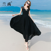 巴厘岛沙滩裙显瘦性感夏天黑色雪纺蕾丝长款连衣裙大摆旅游裙子