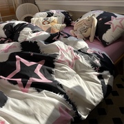 北欧风五角星针织棉四件套纯棉全棉柔软可裸睡床单被套粉色三件套