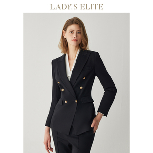 ladyselite加厚羊毛黑色，西装女2023年修身气质双排，扣通勤外套