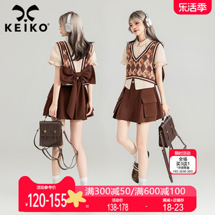 KEIKO 甜妹学院风两件套装2024夏季俏皮蝴蝶结衬衫上衣+A字短裙子