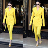 Kendall Jenner同款黄色腰带收腰修身小西装外套+长裤两件套装秋