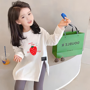 女童中长款开叉t恤2023秋季韩系女孩个性不规则，长袖卡通上衣