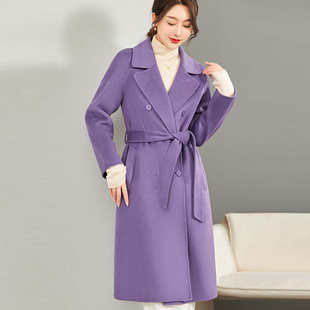 紫色双排扣双面羊绒，大衣女长款宽松系带，羊毛呢外套2023年秋冬