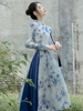 春夏女装复古新中式国风，改良旗袍长衫上衣配蓝色，半身长裙超仙气