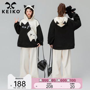 keiko设计感拼色卡通卫衣女，加绒加厚2024春季oversize连帽外套