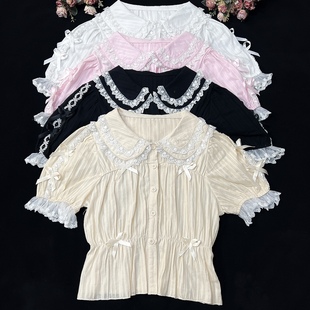 原创lolita洋装纯棉甜美短袖衬衫娃娃领短款高腰显瘦内搭夏