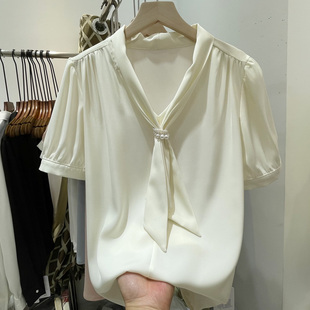 韩国缎面衬衫钉珠v领丝巾领结雪纺衫衬衫，短袖ol气质显瘦上衣夏季