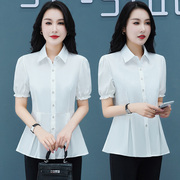 白衬衫女短袖2024夏季韩版修身百搭雪纺衫，时尚减龄中年妈妈装