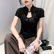 时尚不规则T恤女短袖夏装新中式国风盘扣上衣显瘦性感网纱小衫潮