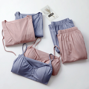 夏天莫代尔三件套睡衣女免文胸吊带系绳和服直筒长裤高级感空调服