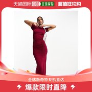 香港直邮潮奢 ASOS 女士设计不对称领圈褶皱缝线酒红色中长连衣裙