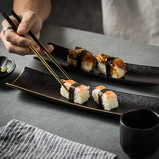 日式创意长方形寿司盘子点心盘餐盘复古餐厅特色餐具长条盘小吃盘