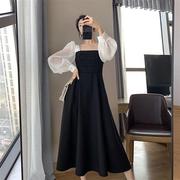 2023春季韩版欧根纱拼接连衣裙女赫本风长袖气质黑色中长裙子