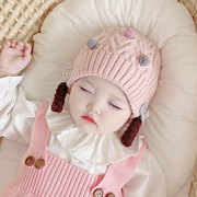 秋冬季婴儿帽子韩版时尚小辫子帽女宝宝针织毛线保暖帽儿童套头帽