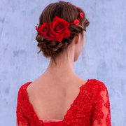 红色新娘发饰大红玫瑰花朵头饰，发夹敬酒服盘发配饰头花发链发卡子