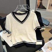 商场cosplay女装法式小衫撞色v领短袖t恤女2024夏季小众设计