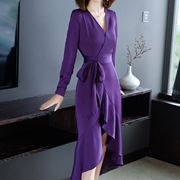 v领中长款连衣裙长袖8秋修身不规则裙燕尾，礼服紫色黑色裹身裙