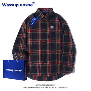WASSUP酒红色格子长袖衬衫男女春秋季设计感小众情侣装衬衣外套潮