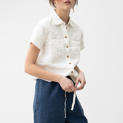法式复古小个子亚麻白色，短袖衬衫上衣女夏季设计感棉麻气质衬衫
