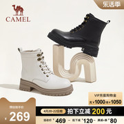 骆驼女鞋2023冬季真皮英伦风靴子，机车靴粗跟厚底短靴女马丁靴