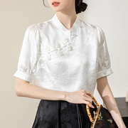 新中式汉元素旗袍式短袖衬衫女2024夏季白色上衣国风立领小衫