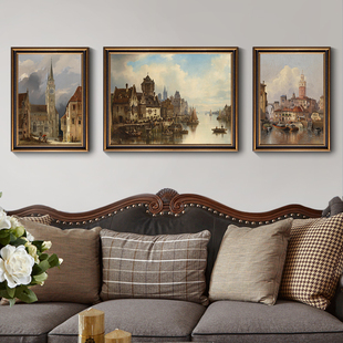 美式客厅三联画风景大气乡村田园沙发背景墙挂画欧式壁画肌理油画