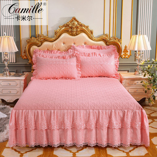 全棉双层蕾丝花边床裙式单件，1.8米2纯棉，防滑夹棉加厚床罩床套床单