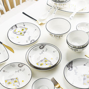 碗碟套装单个吃饭碗菜盘创意个性卡通汤勺陶瓷餐具碗家用2022
