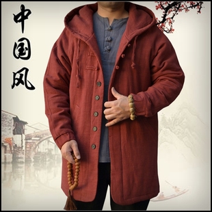 中国风亚麻男式中长款棉衣加厚外套连帽复古唐装上衣爸爸冬装棉袄