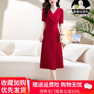 杭州大牌真丝连衣裙女装，夏季v领气质高腰，短袖纯色桑蚕丝裙子