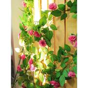 仿真玫瑰花藤假花藤条假藤蔓空调吊顶塑料挂墙上的绿叶装饰仿真花