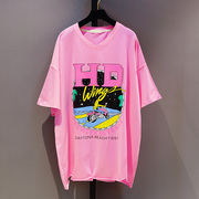 夏装韩版宽松v领印花短袖t恤女中长款蝙蝠衫，圆领卡通粉色上衣